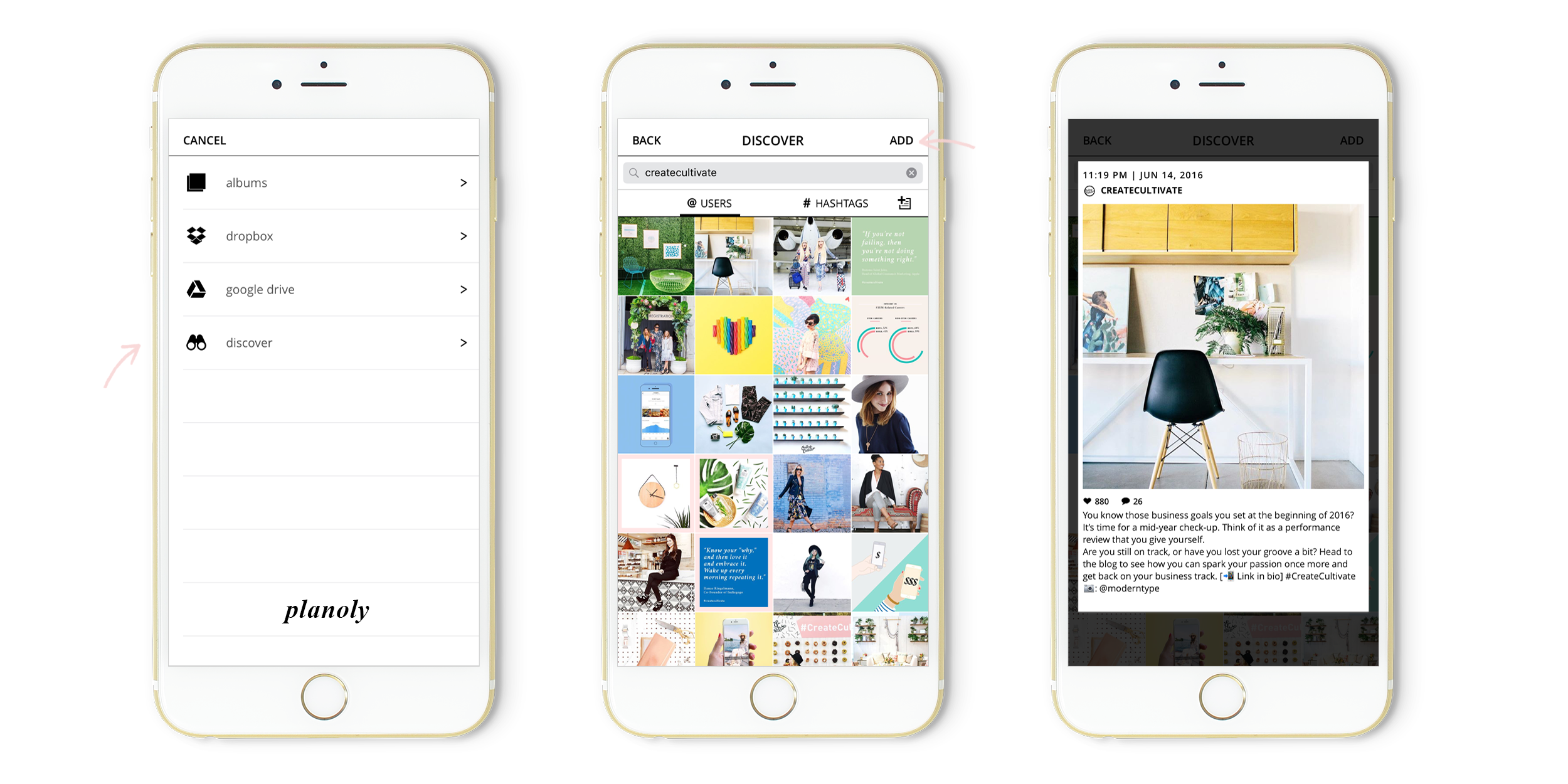 Discover user generated Instagram content on PLANOLY iOS app